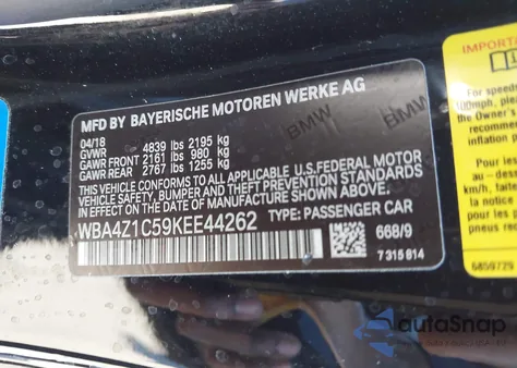 2019 BMW 430I из США, поврежденный, VIN WBA4Z1C59KEE44262